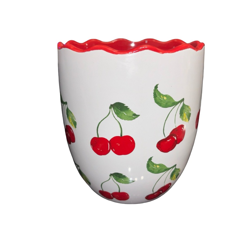 Homestead Living Cherry Print Ceramic Scalloped Rim Planter Crock Red White